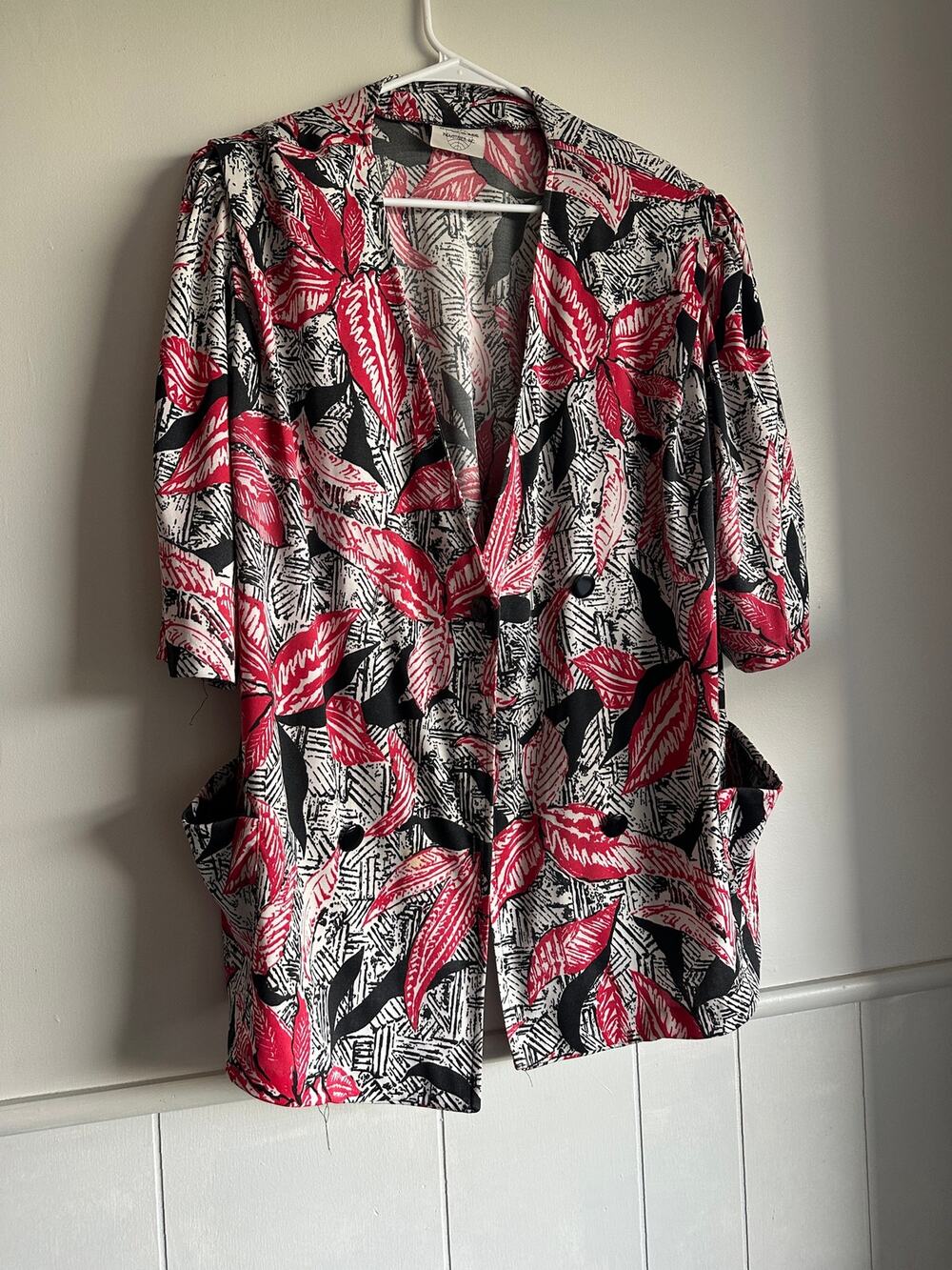 Vintage World Class Industries Pink Black Tropical Leaf Short Sleeve Shirt XL